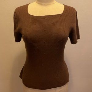 Shu Shu short sleeve square neck rib and cable top in brown 90s